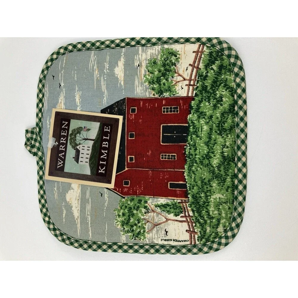 Warren Kimble Red Barn Tapestry Kitchen Set | Farmhouse Design Apron Towel VTG